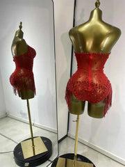 Bridgette Red Rhinestone Tassel Mesh Bodysuit for Women