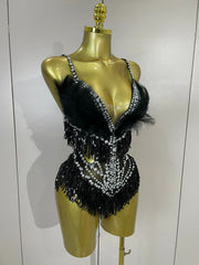 Claire Rhinestone Feather Tassel Mesh Bodysuit