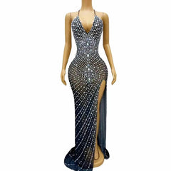 Audre Silver Rhinestones High Split Dress
