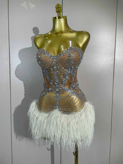Corri Sparkly Diamonds Tassel Sexy Strapless Mesh Sheer Mini