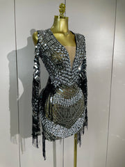 Candice Sparkling Diamond Sequin Tassel Long Sleeve Sheer Mesh Mini Dress
