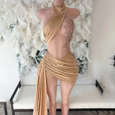 Champage Crystals High Neck Sexy Birthday Dresses with Side Train