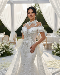 Classic Short Sleeve Wedding Dress with Sweep Train