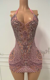 Charmie Pink Halter Luxury Beaded Birthday Dress - Ready to Ship