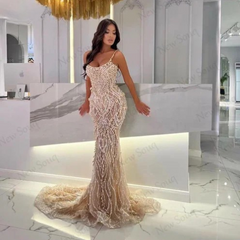 Champagne Crystals Glitter Long Mermaid Dress