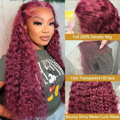 Burgundy Water Wave Human Hair Wig – 28/30/38 Inch 13x6 HD Lace Front 200% Density