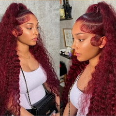 Burgundy Water Wave Human Hair Wig – 28/30/38 Inch 13x6 HD Lace Front 200% Density