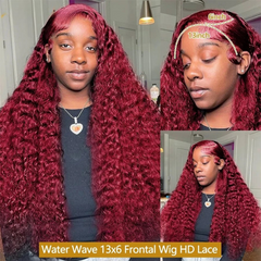 Burgundy Water Wave Human Hair Wig – 28/30/38 Inch 13x6 HD Lace Front 200% Density