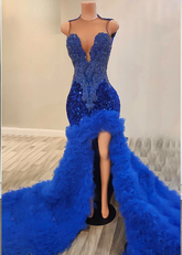 Blue Crystals Bodice Luxury Tiered Ruffle Sexy High Slit Prom Dress