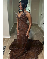 Brown Sparkling Crystal Beading Mermaid Prom Dress