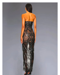 Ayanna Luxury Sequin Beaded Party Dress – Strapless Glitter Patchwork Mesh Gown