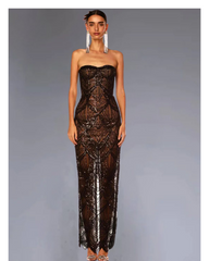 Ayanna Luxury Sequin Beaded Party Dress – Strapless Glitter Patchwork Mesh Gown