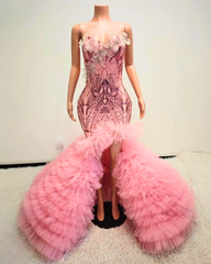 Beaded Pink Rhinestone Ruffle Prom Dress