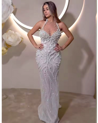 Alina Pearl-Embellished White Mesh Halter Dress