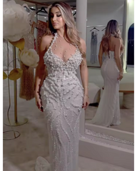 Alina Pearl-Embellished White Mesh Halter Dress