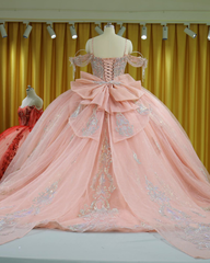 Blush Pink Glitter Quinceañera Ball Gown with Silver Appliqués