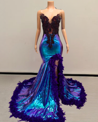 Amara Holographic Mermaid Feather Trim Prom Dress With High Slit