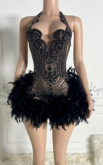 Claire Glitter Crystal Feathered Mini Birthday Dress