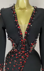 Camille Sexy Long Sleeve V-Neck Rhinestone Black Bandage Dress