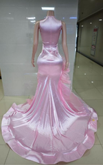 Carmela Pink Ruched High Split Rhinestone Prom Dress