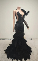 Brenda Sparkly Long Rhinestone with Feather Prom Dress-Ready to Ship