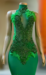 Aisha Emerald Green Feather Rhinestone Dress – Elegant Evening & Prom Gown