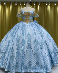 Blue and Gold Beaded Lace Quinceañera Dress