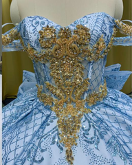 Blue and Gold Beaded Lace Quinceañera Dress