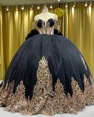 Black and Gold Sequin Appliqué Quinceañera Dress