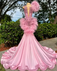 Carrie Beaded Pink Rhinestone Satin Mermaid Prom Dress