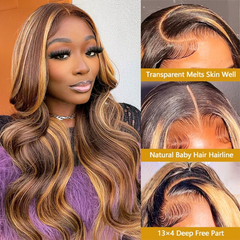 Blonde Highlight Lace Frontal Wig – 13x4 HD Transparent Curly Body Wave Human Hair Wig, Pre-Plucked with Baby Hair