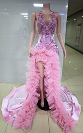 Carmela Pink Ruched High Split Rhinestone Prom Dress