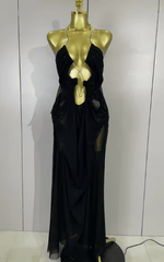 Amanda Sheer Mesh Halter Low Neck Backless Sleeveless Long Dress