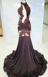 Deep Brown Mermaid Gown with Bronze Baroque Appliqués and Draped Halter Neckline