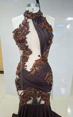 Deep Brown Mermaid Gown with Bronze Baroque Appliqués and Draped Halter Neckline