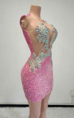 Deep V Neck Illusion Dress With Silver Appliques And Sequin Skirt