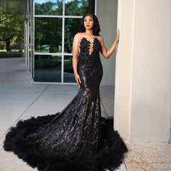 Black Crystal Sequin Applique Prom Dress
