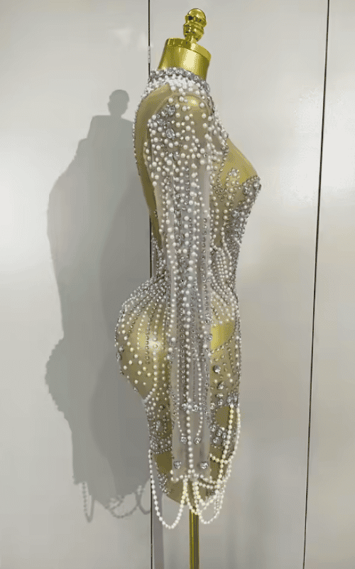 Abi Luxury Diamond Pearl Mesh Stretch Mini Dress