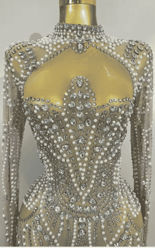 Abi Luxury Diamond Pearl Mesh Stretch Mini Dress