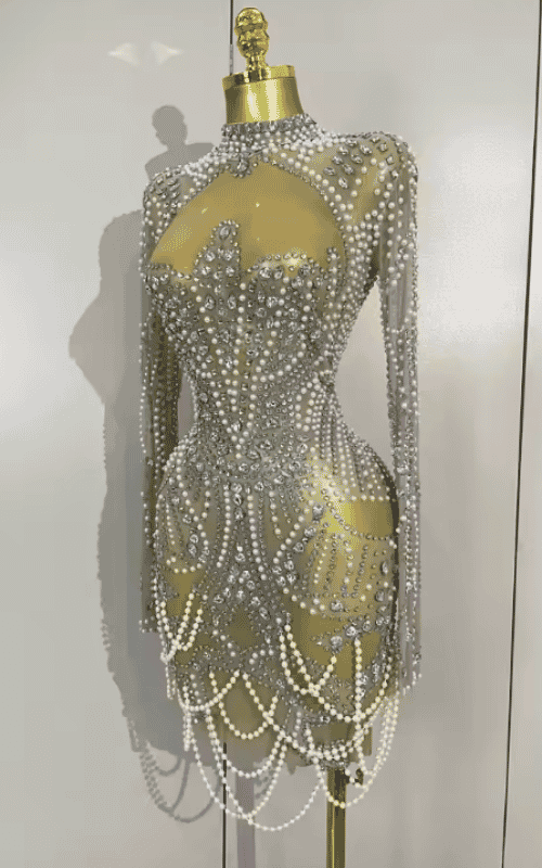 Abi Luxury Diamond Pearl Mesh Stretch Mini Dress