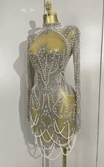 Abi Luxury Diamond Pearl Mesh Stretch Mini Dress
