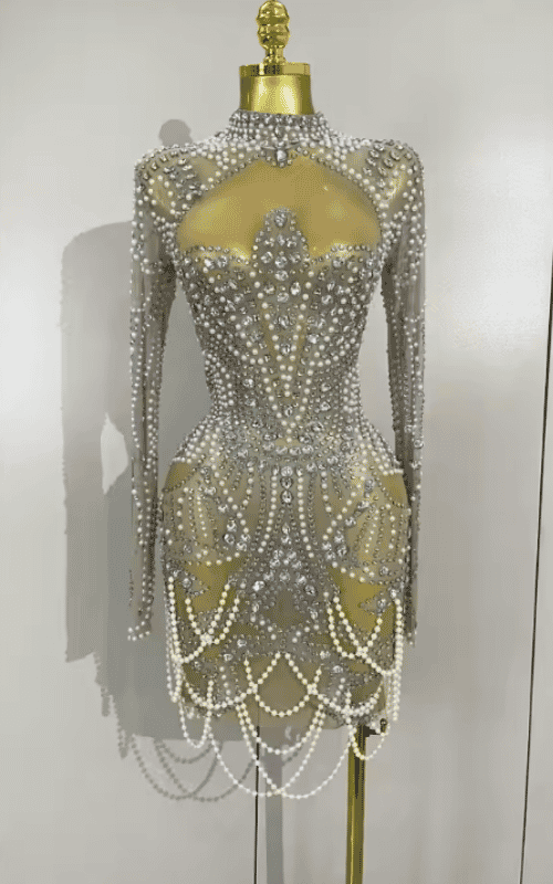 Abi Luxury Diamond Pearl Mesh Stretch Mini Dress