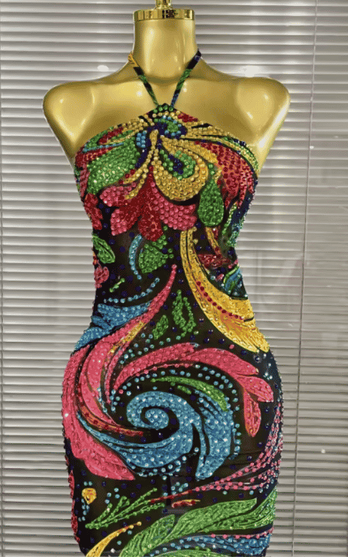 Abby Colorful Print Rhinestone Halter Bodycon Mini Dress