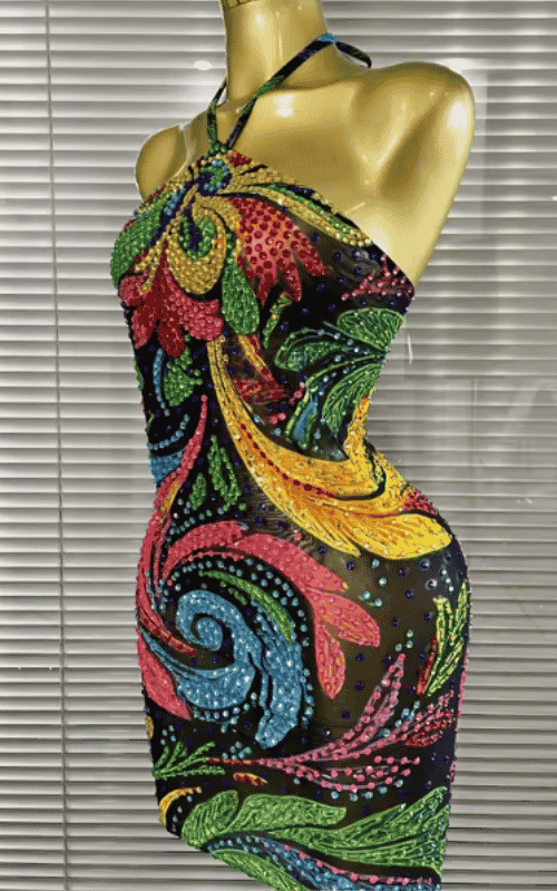 Abby Colorful Print Rhinestone Halter Bodycon Mini Dress