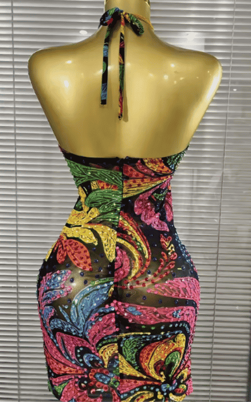 Abby Colorful Print Rhinestone Halter Bodycon Mini Dress