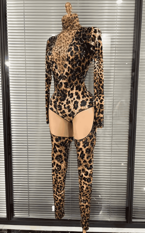 Azi Leopard Print Rhinestone Performance Two Piece Clubwear Set