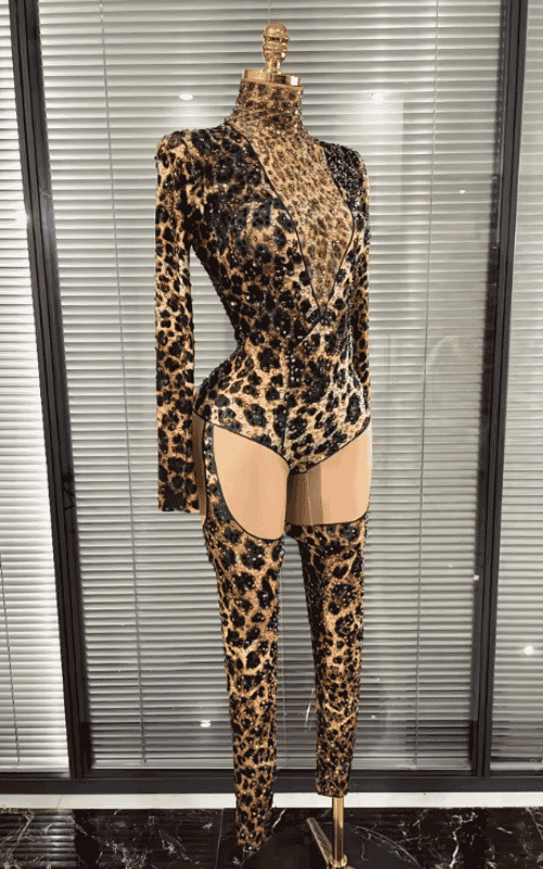 Azi Leopard Print Rhinestone Performance Two Piece Clubwear Set