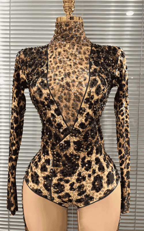 Azi Leopard Print Rhinestone Performance Two Piece Clubwear Set