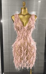 Brienne Pink Pearl Feather Lace See-Through Bodycon Mini Dress for Women
