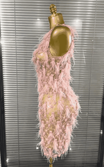 Brienne Pink Pearl Feather Lace See-Through Bodycon Mini Dress for Women